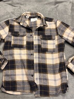 Plaid Button-Up Shacket Navy and Cream Wool Blend